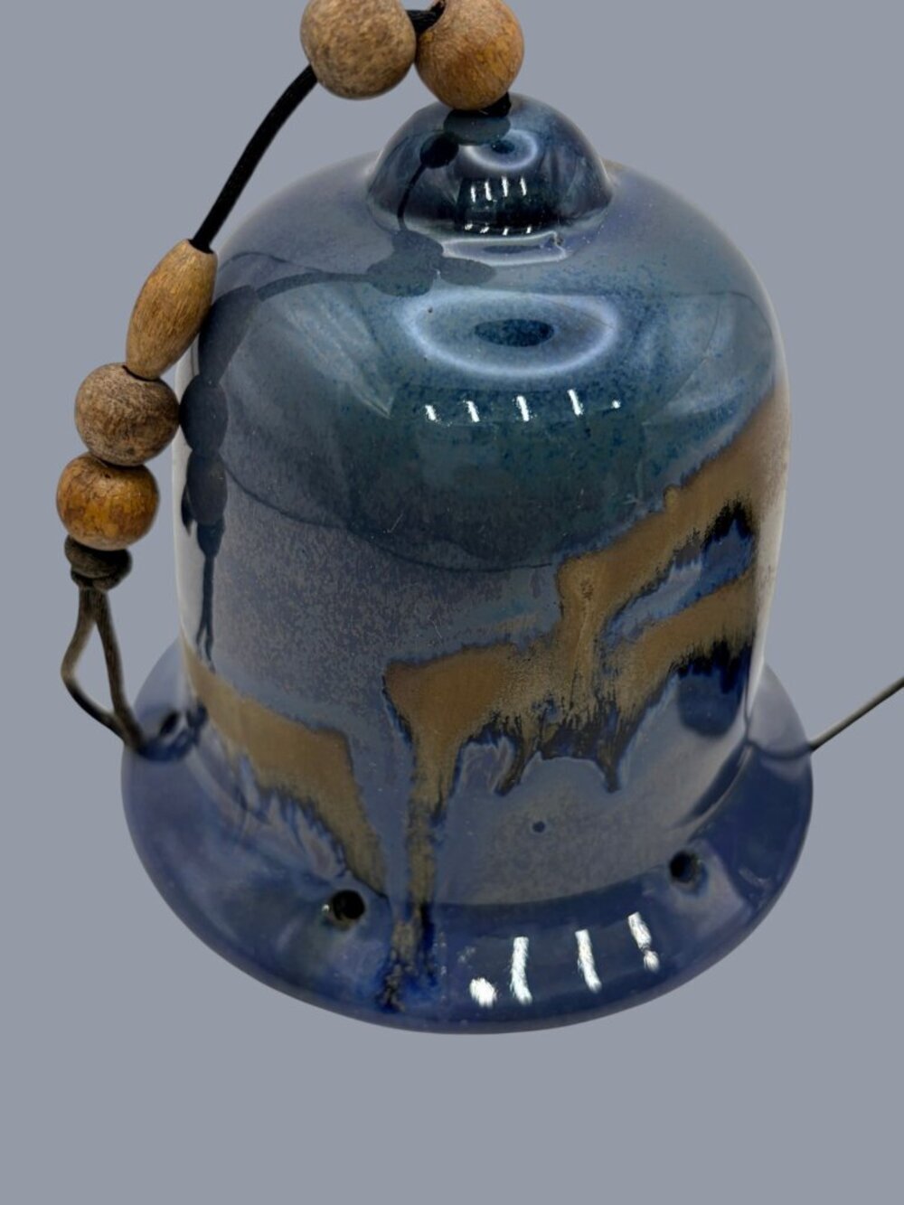 Handmade Raku Pottery Wind Chime | Blue & Brown Glazed Ceramic Bells - Picture 5 of 10